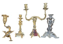 FOUR 19TH CENTURY BAROQUE STYLE BRONZE FIGURATIVE CANDLESTICKS