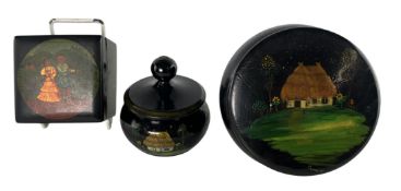 THREE RUSSIAN PALEKH LATE 20TH CENTURY LACQUERED LIDDED BOXES