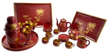 JAPANESE RED LACQUER PAPIER MACHE COCKTAIL & TEA SERVICE