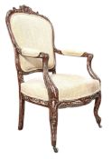 FRENCH LOUIS XV STYLE MAHOGANY & UPHOLSTERED FATEUIL ARMCHAIR