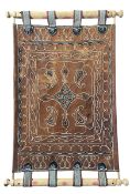 EARLY TO MID 20TH CENTURY PERSIAN HAND EMBROIDERED LEATHER HAMMOCK CRADLE