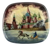 RUSSIAN FEDOSKINO LATE 20TH CENTURY LACQUERED BOX BY KOSTIN OF ST BASIL CATHEDRAL