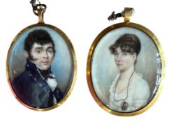 JOHN & JOHANNA ENGLEDUE - MARITAL PAIR OF WATERCOLOUR ON IVORY PORTRAIT MINIATURES