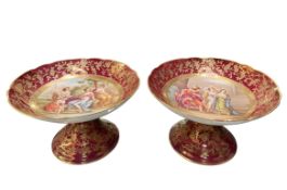 PAIR OF ROYAL VIENNA 19TH CENTURY HAND PAINTED PORCELAIN TAZZA BY KAUFFMANN