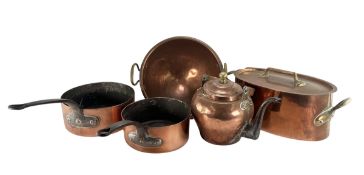 FIVE CONTINENTAL 19TH CENTURY COPPER & IRON HANDLED COOKING POTS