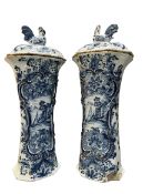 PAIR OF EARLY 18TH CENTURY C, 1720S DELFT BLUE & WHITE CERAMIC LIDDED VASES