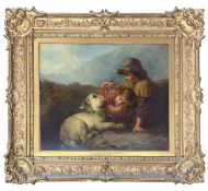 JAMES JOHN HILL (1811-1882) - CHILDREN WITH BABY GOAT - 19TH CENTURY OIL GENRE PAINTING