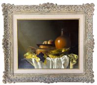 JEAN GRIMAL (1942-1988) - STILL LIFE OIL ON CANVAS WITH FRUIT, FLAGON & WARMING PAN