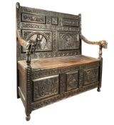 1920S ARTS & CRAFTS GOTHIC REVIVAL OAK INSCRIBED HALL SETTLE BENCH