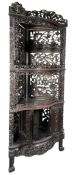 QING DYNASTY CHINESE DARK WOOD OPEN WORK CORNER CABINET 清代实木雕刻角柜