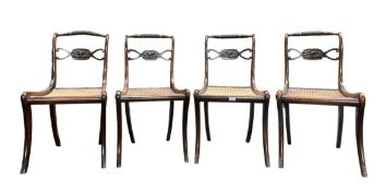 FOUR REGENCY EARLY 19TH CENTURY ROSEWOOD, CANE SEAT & BRASS MOUNTED CHAIRS