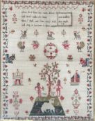 EARLY 19TH CENTURY 1822 ADAM & EVE NEEDLEPOINT SAMPLER BY ANN LINDLEY