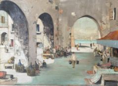 C.R. DOYLY JOHN (BRITISH 1906-1993) - OIL ON CANVAS MARKET PAINTING