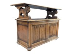 EARLY 20TH CENTURY CARVED OAK MONKS BENCH