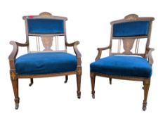TWO EDWARDIAN MAHOGANY MARQUETRY INLAID ARMCHAIRS