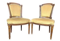 PAIR OF FRENCH EARLY 20TH CENTURY CARVED MAHOGANY & UPHOLSTERED SALON CHAIRS