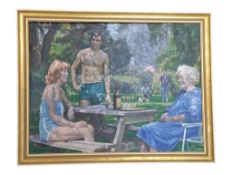LARGE OIL ON CANVAS PAINTING - DEPICTS A SUMMER GARDEN PARTY