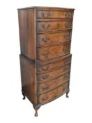 QUEEN ANNE REVIVAL WALNUT BOW FRONT CHEST ON CHEST