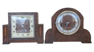 TWO EARLY 20TH CENTURY 1920S ART DECO OAK MANTEL CLOCKS