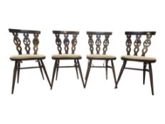 ERCOL FURNITURE - SET OF FOUR FLEUR DE LYS VINTAGE ELM DINING CHAIRS
