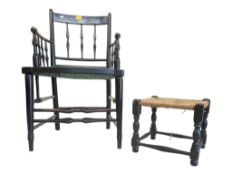 AN EARLY 20TH CENTURY ARTS & CRAFTS ARMCHAIR W/ WOVEN STOOL