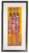 WEST AFRICAN OIL/INK ON FABRIC PAINTING OF THREE LADIES CARRYING VASES