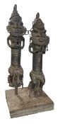 PAIR OF YORUBA OGBONI SOCIETY, NIGERIA IRON & BRONZE SHRINE/ALTAR STAFFS