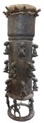 YORUBA & BENIN PEOPLE OF NIGERIA MONUMENTAL BRONZE & ANIMAL SKIN FIGURAL DRUM