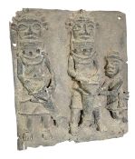 BENIN PEOPLE, NIGERIA BRONZE PLAQUE WITH OBA'S SERVANTS/WARRIORS PLAYING DRUMS