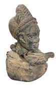 GHANIAN CARVED WOOD BUST OF FEMALE FIGURE WITH BIRD AND NECKLACE