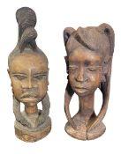 PAIR OF NIGERIAN INSPIRED CARVED WOOD BUST SCULPTURES OF FEMALE HEADS