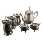 VICTORIAN SILVER PLATE TEA SET & SILVER PLATE TANKARDS