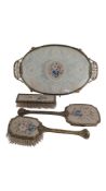 EARLY 20TH CENTURY LACE, EMBROIDERED & GILT METAL DRESSING TABLE SET