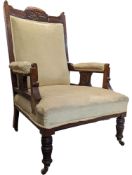 VICTORIAN 19TH CENTURY CARVED MAHOGANY & UPHOLSTERED ARMCHAIR