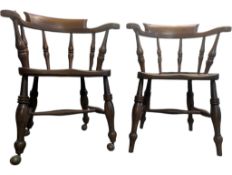 PAIR OF VICTORIAN 19TH CENTURY BEECH & ELM WOOD SMOKERS BOW ARMCHAIRS