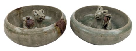 PAIR OF CHINESE POSSIBLY JIN DYNASTY YAOZHOU GREEN GLAZED DOGS / KENNELS 西晋 耀州窑 狗圈一对
