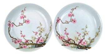 PAIR OF CHINESE QIANLONG MARK FAMILLE ROSE CHARGER PLATES 乾隆款 青釉底粉彩梅竹纹盘一对