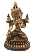 SMALL BRONZE METAL FIGURE OF A SEATED WHITE TARA 铜描金度母坐像