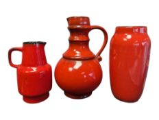 THREE LATE 20TH CENTURY WEST GERMAN CERAMIC RED VASES / JUGS