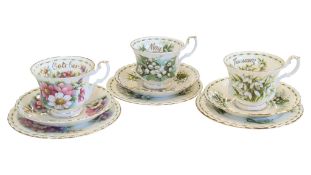 ROYAL ALBERT - FLOWERS OF THE MONTH SERIES - PORCELAIN CUPS, SAUCERS & SIDE PLATES