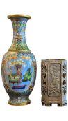 JAPANESE SILVER PLATED PEN / BRUSH POT & CLOISONNE CHINESE ENAMEL VASE
