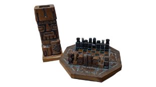 LATE 20TH CENTURY VINTAGE AZTEC STYLE WOODEN CHESS SET