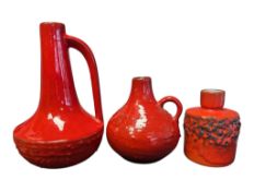 THREE MONTANUS & REMY MR MID CENTURY CERAMIC RED FAT LAVA JUGS / VASES