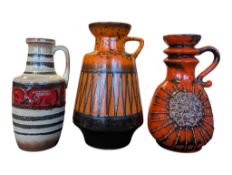 THREE LATE 20TH CENTURY WEST GERMAN FAT LAVA POTTERY CERAMIC JUGS / VASES