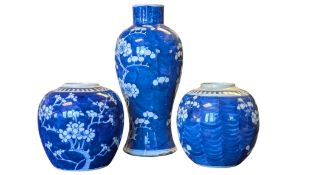 19TH CENTURY CHINESE BLUE & WHITE PRUNUS PATTERN VASE & TWO OTHERS