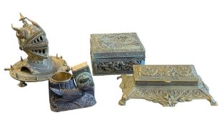 BRASS KNIGHTS HELMET, JAPANESE CASKET, DESK TIDY & ASHTRAY