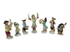SEVEN 20TH CENTURY REPRODUCTION MONKEY BAND CONTINENTAL CHINA FIGURES