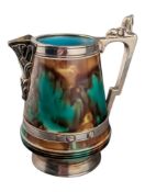 19TH CENTURY VICTORIAN WEDGWOOD EGYPTIAN REVIVAL MAJOLICA & SILVER PLATED JUG
