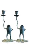 PAIR OF VINTAGE 20TH CENTURY BRONZED METAL FROG CANDLESTICKS