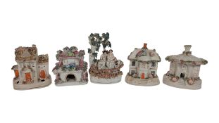 COLLECTION OF 19TH CENTURY STAFFORDSHIRE PASTILLE BURNER HOUSE FIGURES & COUPLE COURTING